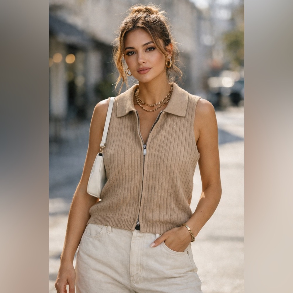 Song Of Style By Aimee Song Tan Sleeveless Zip Ribbed Knit Sweater Vest
